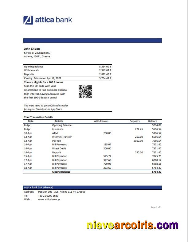 Greece Attica bank statement, Excel and PDF format